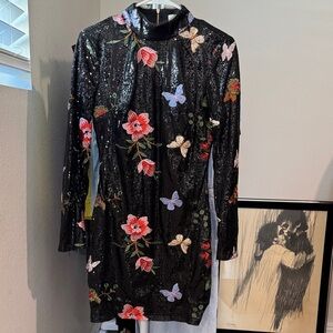 PARADISO Floral Sequin Long Sleeve Mini Dress size medium